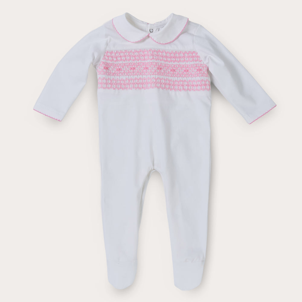 Hand Smocked White Baby Grow With Pink Hand Smocking