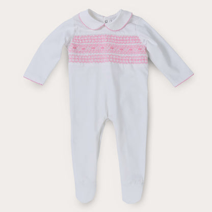 Hand Smocked White Baby Grow With Pink Hand Smocking