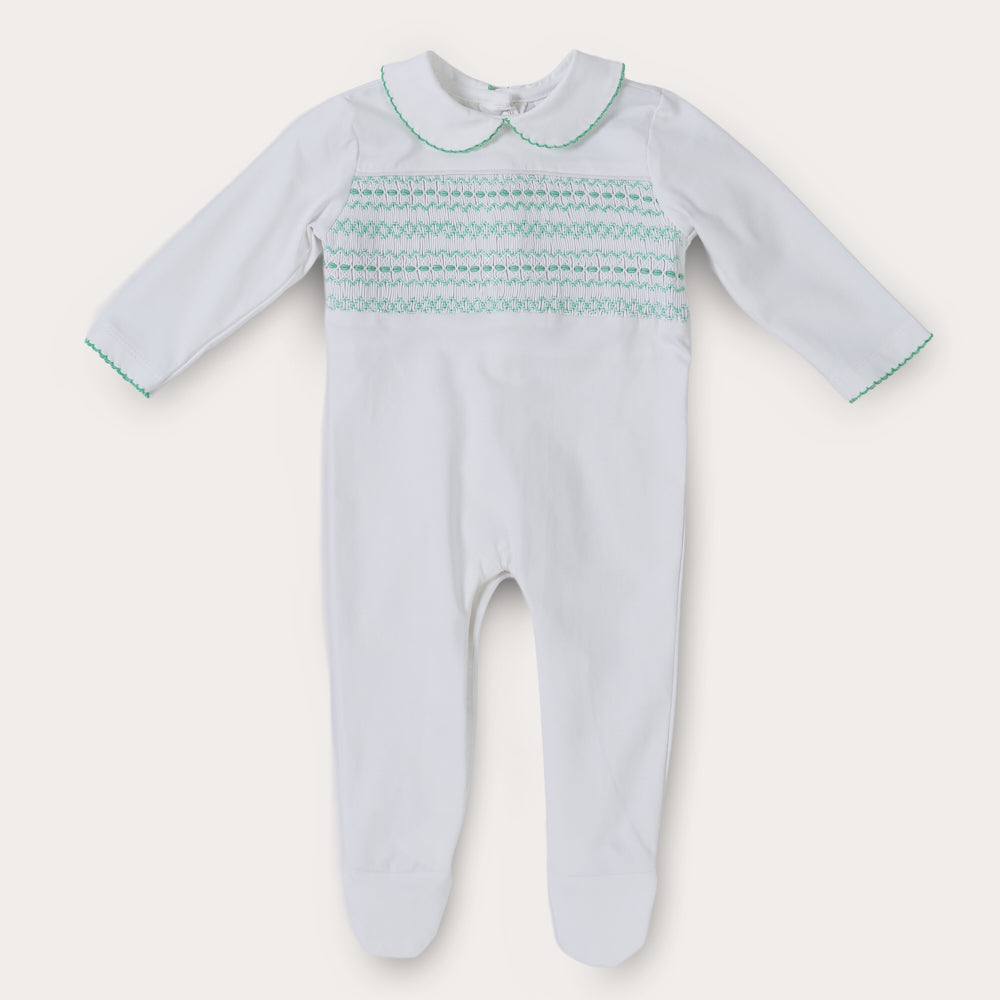 Hand Smocked White Baby Grow With Soft Green Hand Smocking