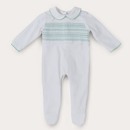 Hand Smocked White Baby Grow With Soft Green Hand Smocking