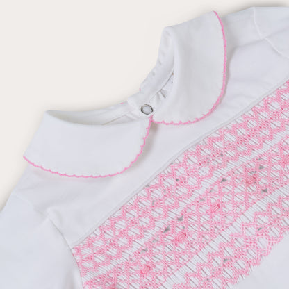 Hand Smocked White Baby Grow With Pink Hand Smocking