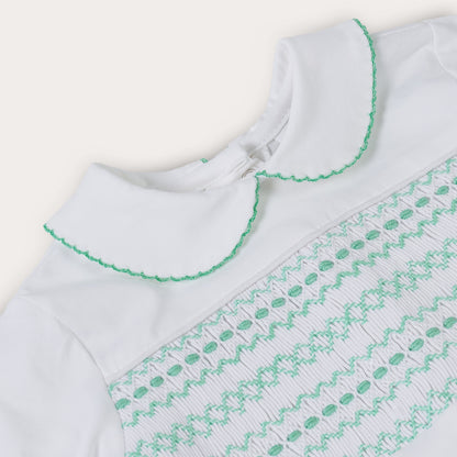 Hand Smocked White Baby Grow With Soft Green Hand Smocking