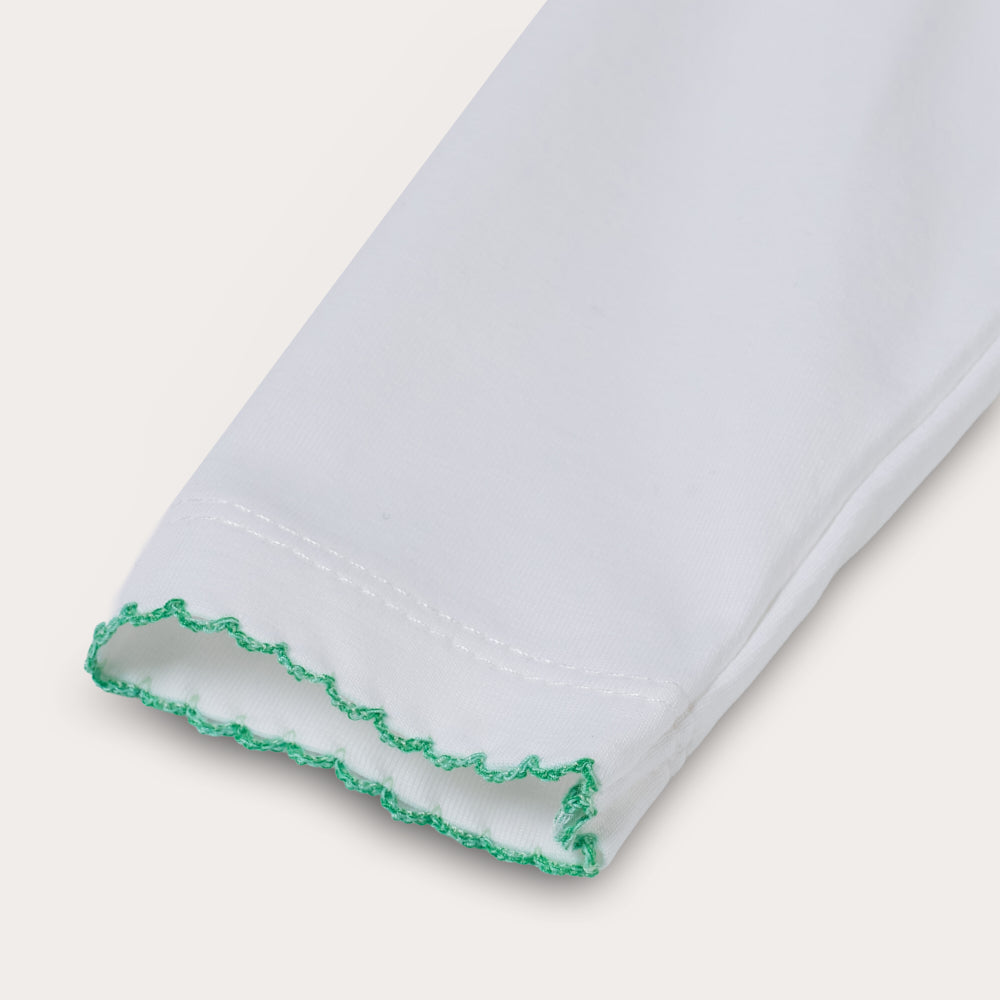 Hand Smocked White Baby Grow With Soft Green Hand Smocking
