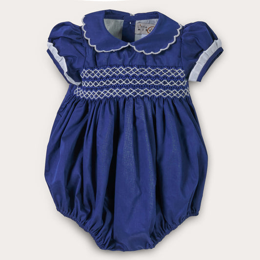 Hand Smocked Talia romper Navy Blue