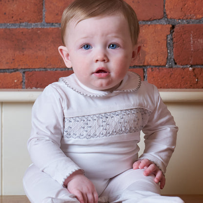 Hand Smocked Cotton Babygrow With Grey Details