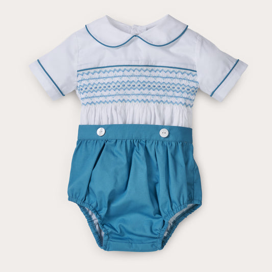 Boys Sky Heritage Teal Hand Smocked Bubble Set