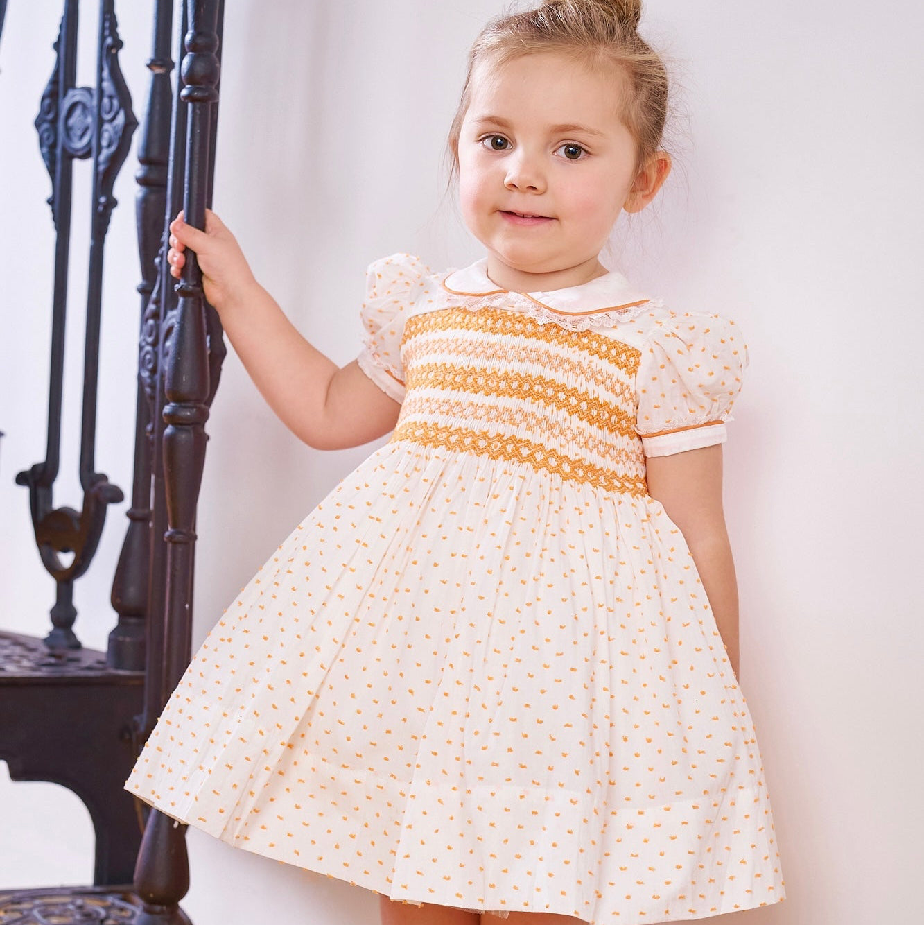 Hand smocked LINDY dress orange Swiss dot