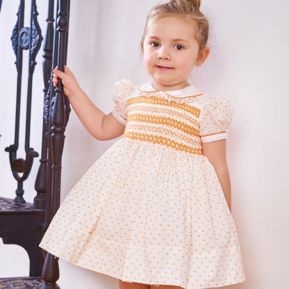 Hand smocked LINDY dress orange Swiss dot