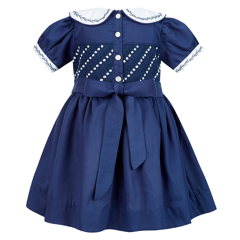 Hand smocked CLAIRE dress navy blue