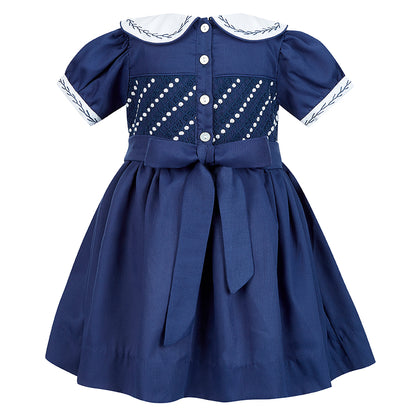 Hand smocked CLAIRE dress navy blue
