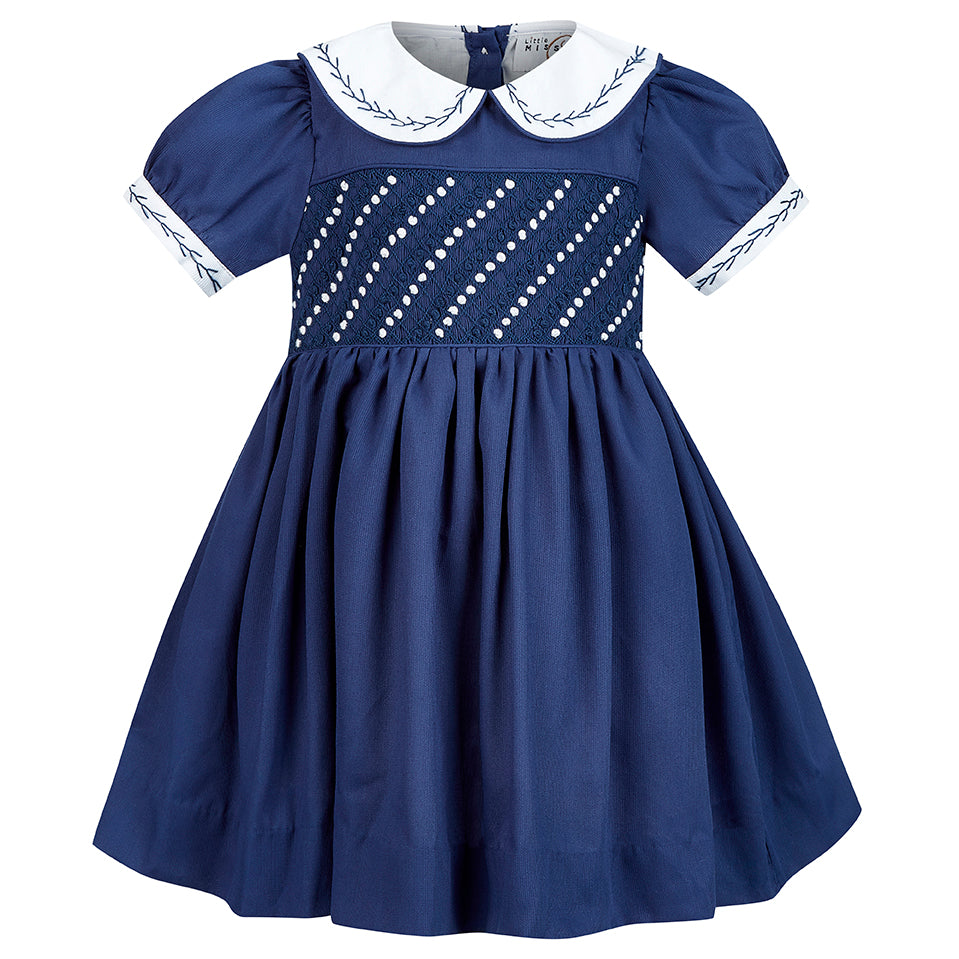 Hand smocked CLAIRE dress navy blue