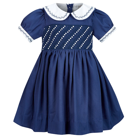 Hand smocked CLAIRE dress navy blue