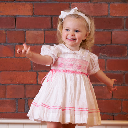 Hand Smocked White and Pink Swiss Dot Baby Girl Dress With Headband and Pant