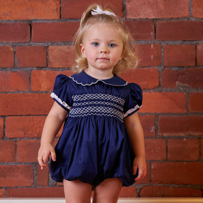 Hand Smocked Talia romper Navy Blue