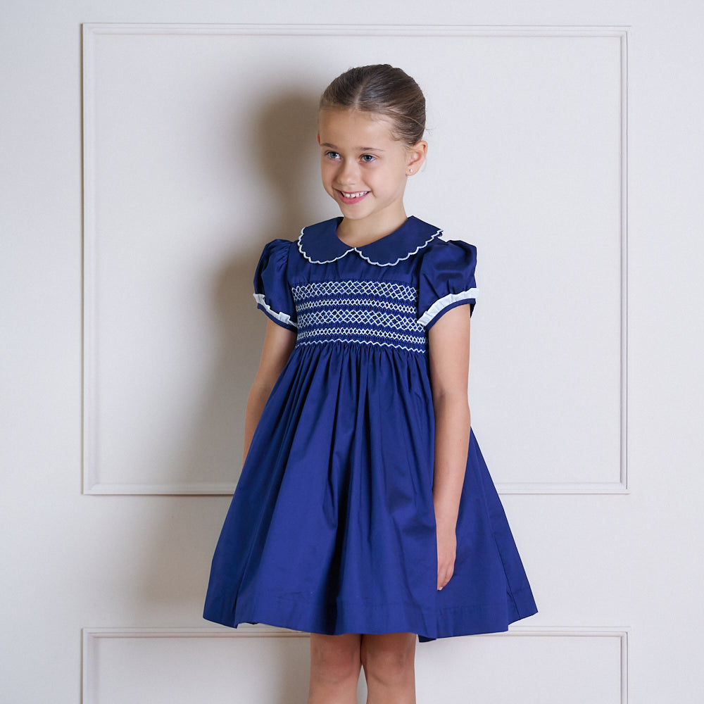 Hand smocked Talia dress Navy Blue