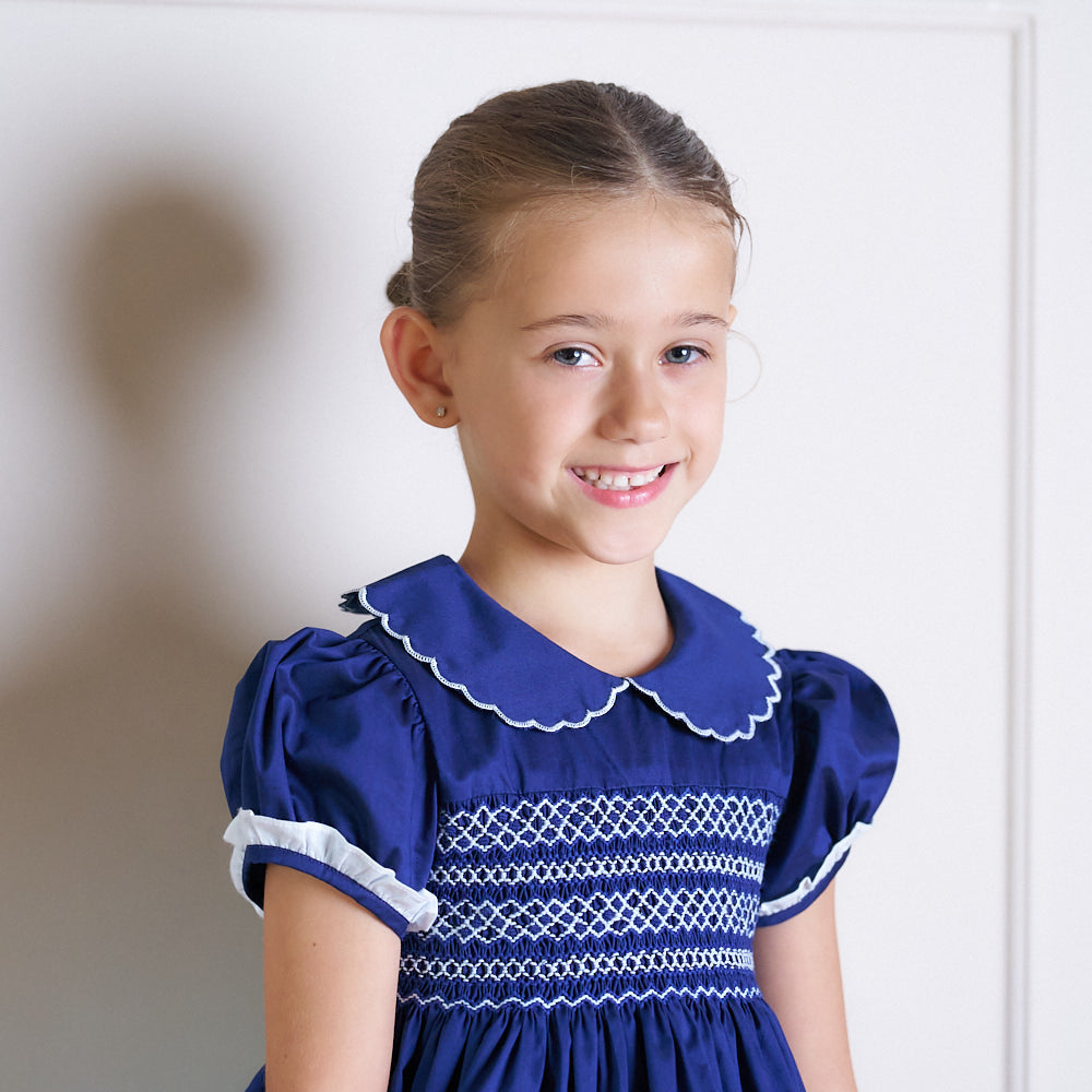 Hand smocked Talia dress Navy Blue