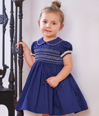 Hand smocked Talia dress Navy Blue