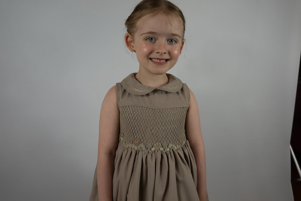 Hand smocked FLORENCE dress soft tan
