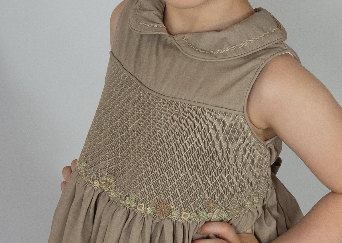 Hand smocked FLORENCE dress soft tan