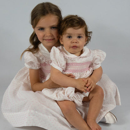 Hand Smocked LINDY Romper pink Swiss dot