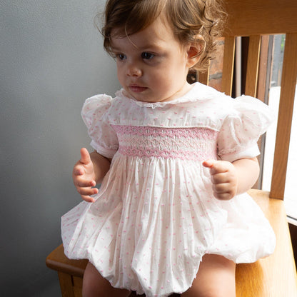 Hand Smocked LINDY Romper pink Swiss dot