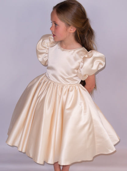 Champagne satin puff sleeved occasion dress