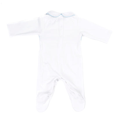 Hand smocked cotton babygrow blue