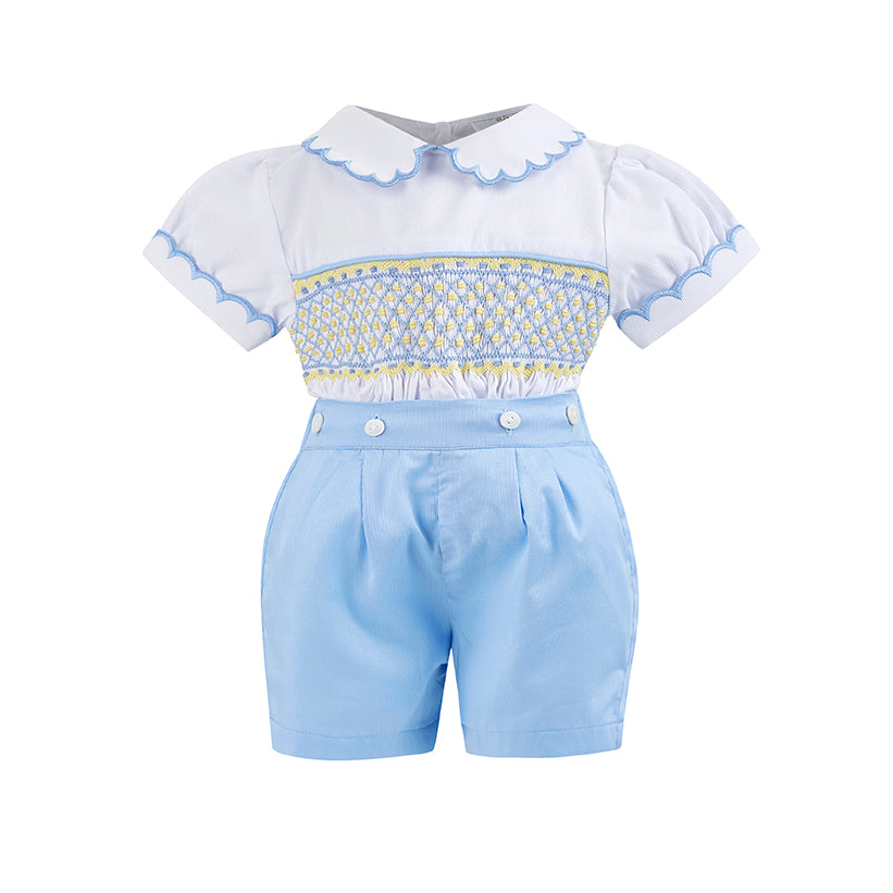 Boy's Hand Smocked lemon and blue Set ONE LEFT!