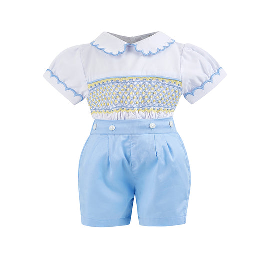 Boy's Hand Smocked lemon and blue Set ONE LEFT!