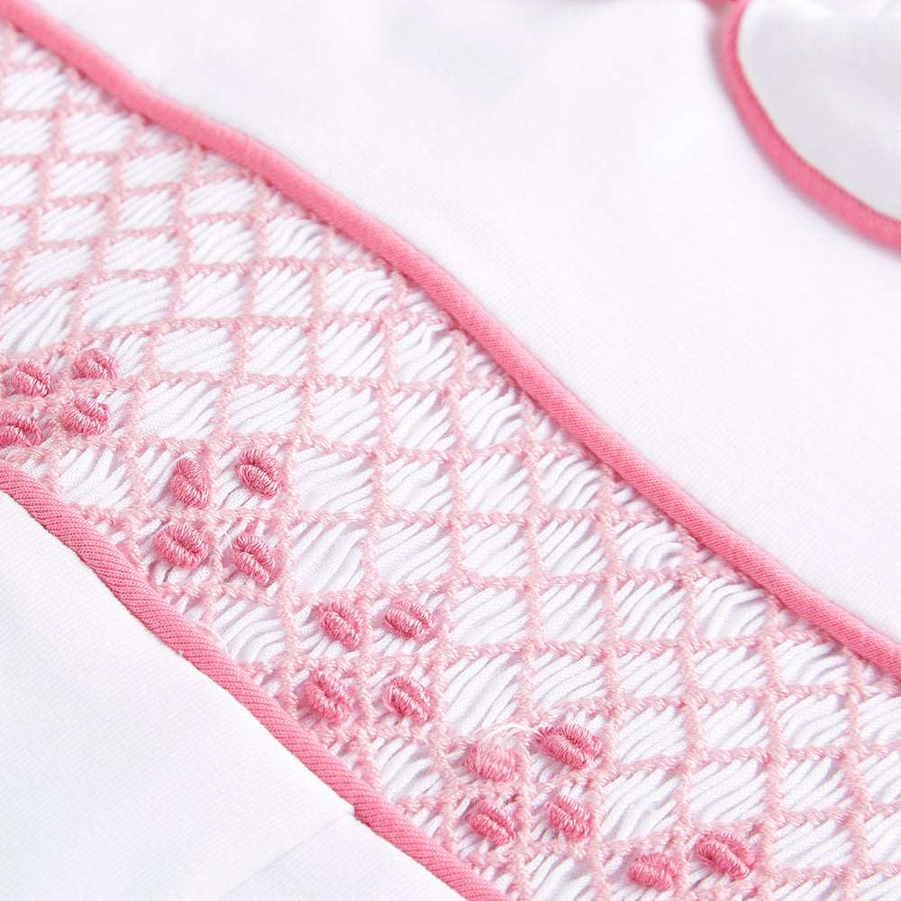 Hand smocked cotton babygrow pink