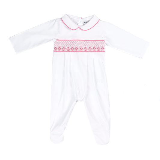 Hand smocked cotton babygrow pink