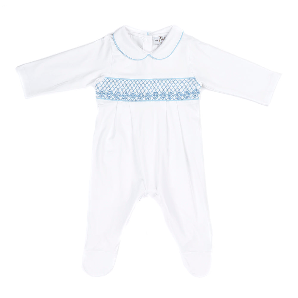Hand smocked cotton babygrow blue