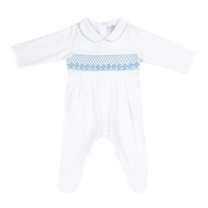Hand smocked cotton babygrow blue