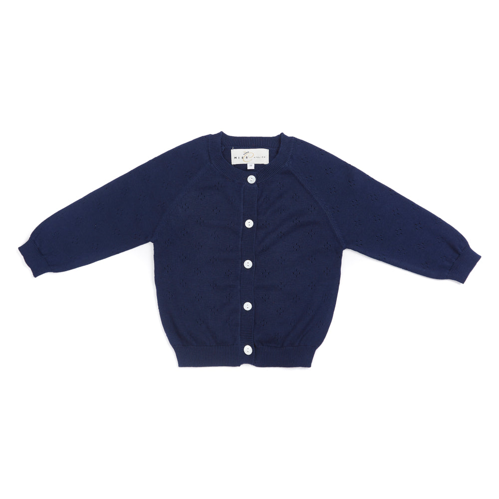 Pure organic cotton open work cardigan navy